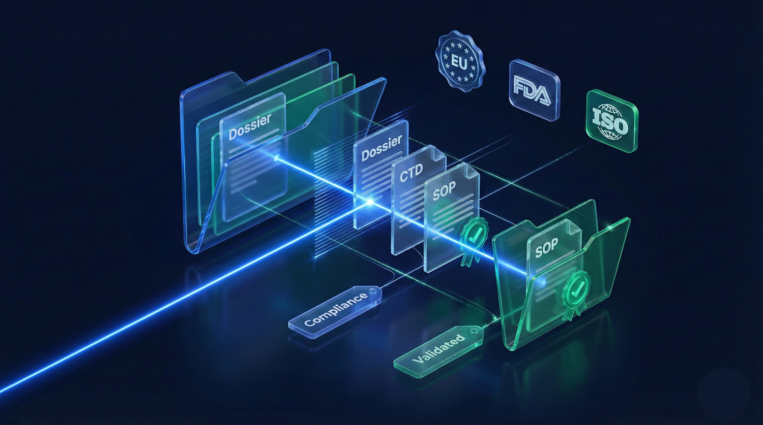 AI visualisation of regulatory document management: document vault with automatic classification and EU/FDA/ISO compliance badges