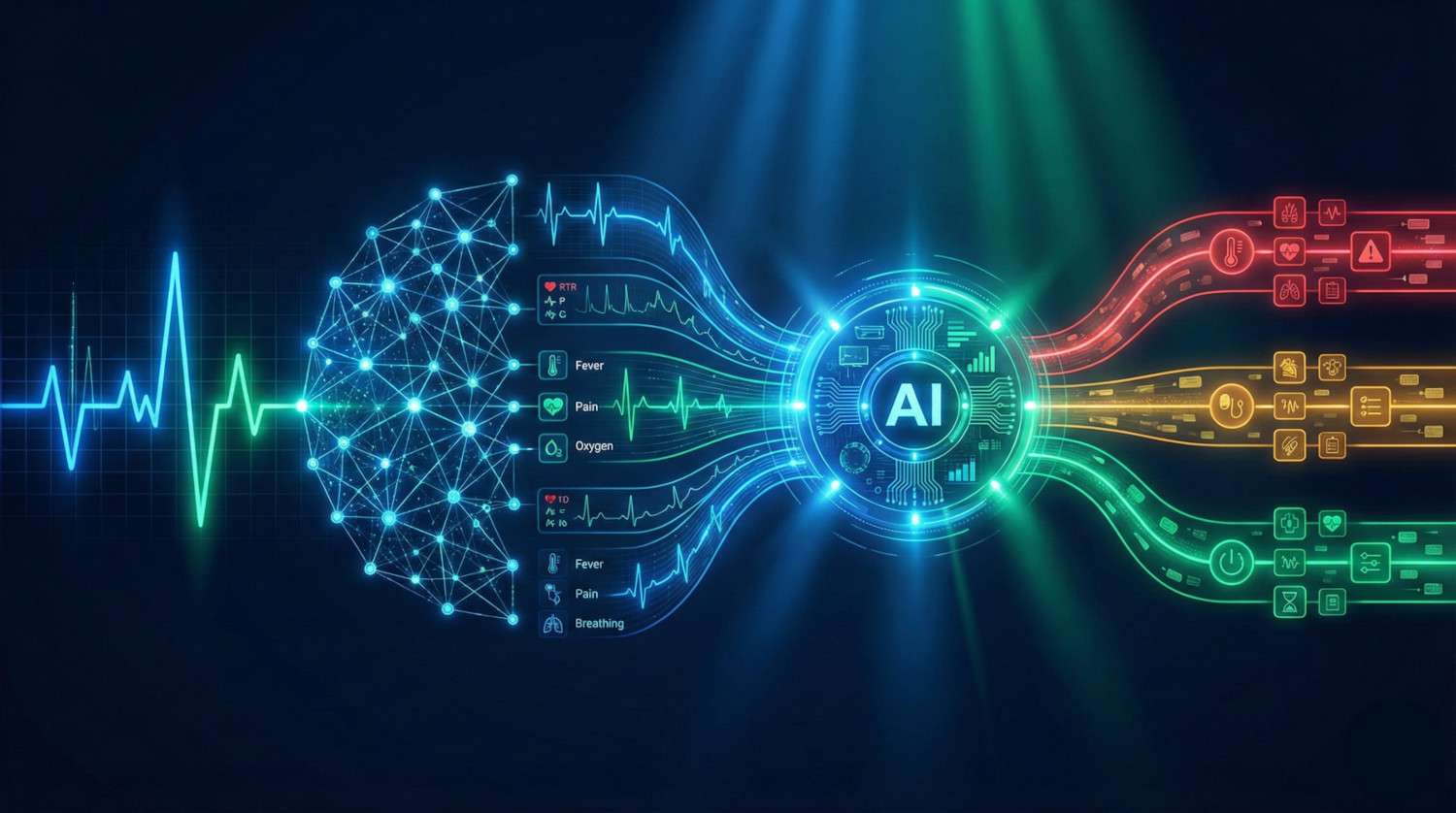 AI visualisation of clinical triage: prioritisation engine with ECG signals and colour-coded urgency channels
